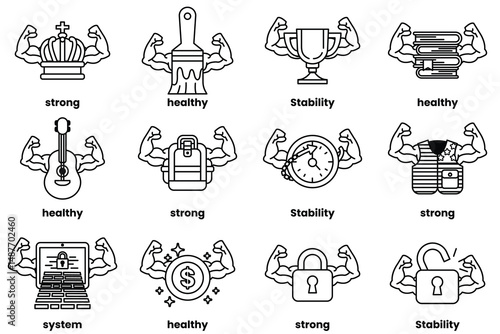 Set of illustrations in the concept of various equipment with arms in a line drawing style