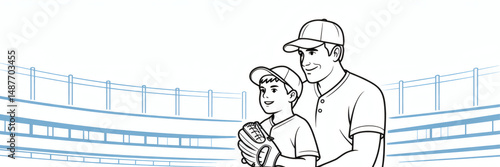Father and son at the ballgame stadium wearing hats line art illustration image ai generated