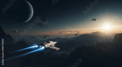 spaceship,  space,  alien planet, Spaceship Flying Over Alien Planet at Sunset