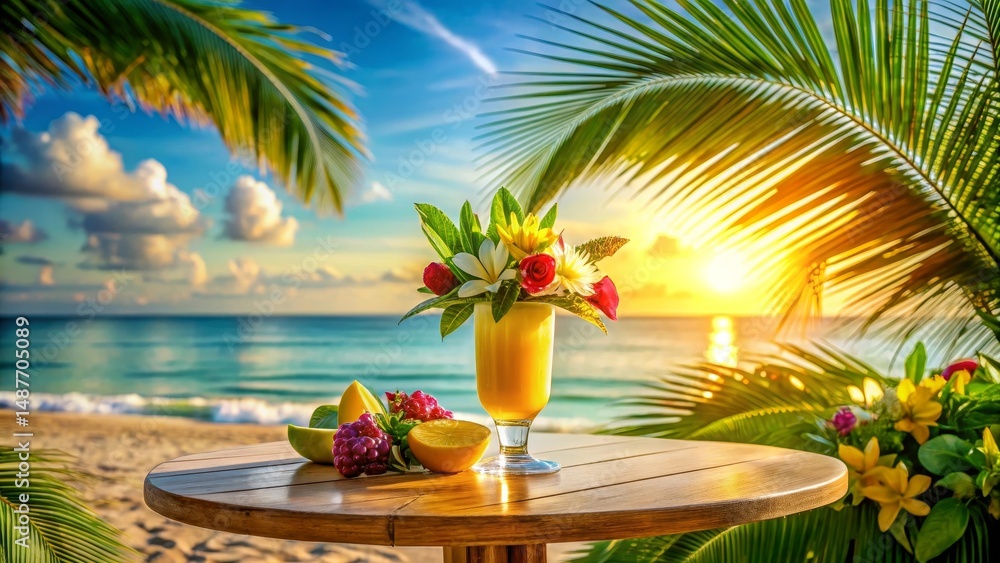 Obraz premium Tropical Sunset Beachside Refreshment A Vibrant Cocktail Adorned with Exotic Flowers and Fresh Fruit on a Wooden Table