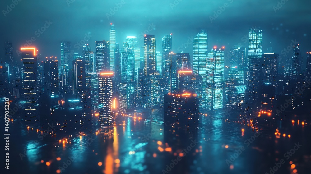 Obraz premium Futuristic cityscape with glowing neon lights and geometric architecture, embodying a vision of advanced urban harmony.