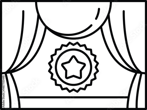 A black and white drawing of a theater curtain with a star and a circle on it
