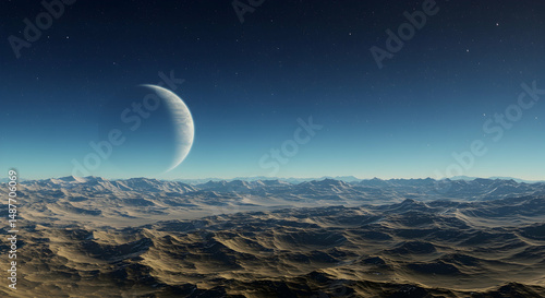 alien planet,  crescent moon,  extraterrestrial, Alien Planet Landscape with Crescent Moon
