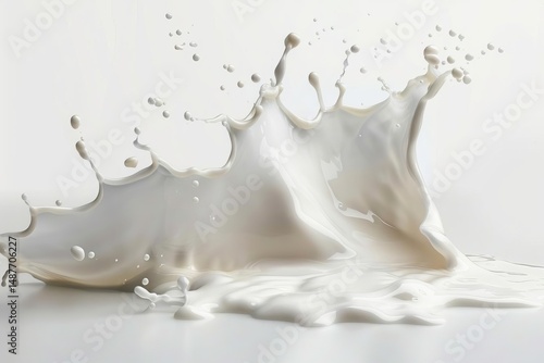 Close-up shot of a milk splash with droplets against a white background. The main element is the fluid's dynamic form and movement.