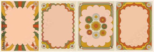Set of retro frames with groovy flowers in mid Century modern color palette. Vector flat illustrations