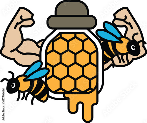 A cartoon of a man with a bee on his head and a jar of honey