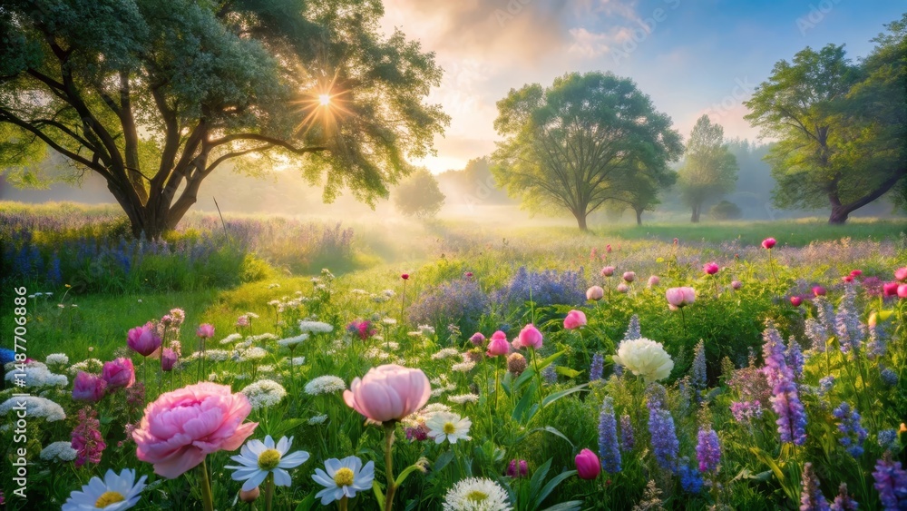 Obraz premium Serene Sunrise Meadow A Vision of Pastel Blossoms and Gentle Mist at Dawn