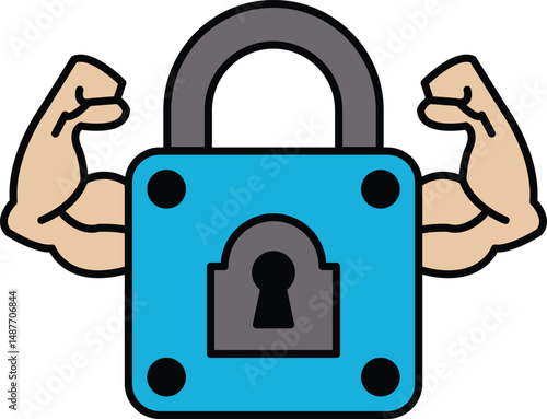 A blue lock with a keyhole and a man's biceps on either side of it