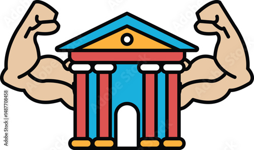 A building with a large muscular man's arms around it