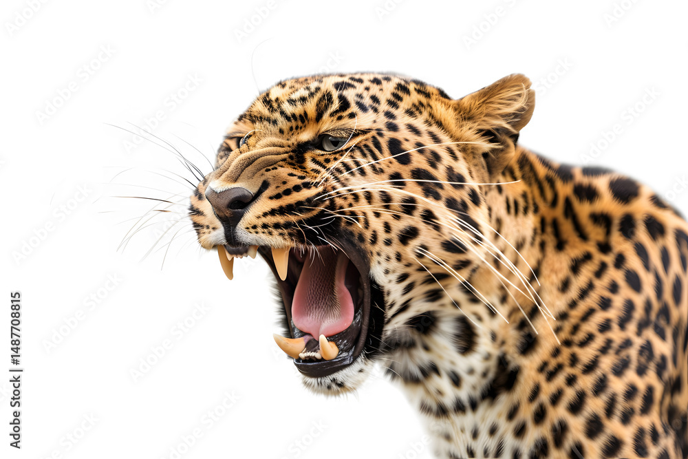 Naklejka premium Close up of a leopard roaring, isolated on white.