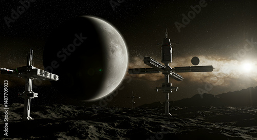 space station,  lunar surface,  moon, Space Stations on Lunar Surface