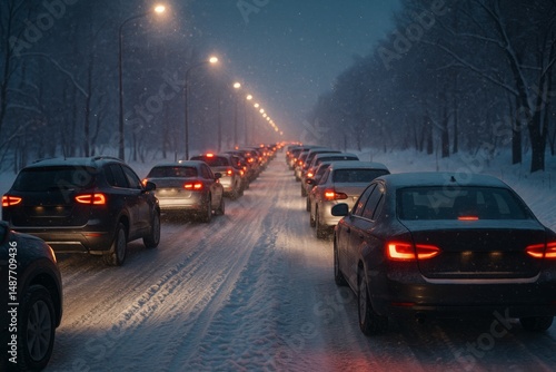 Suburban traffic jam on a snowy highway