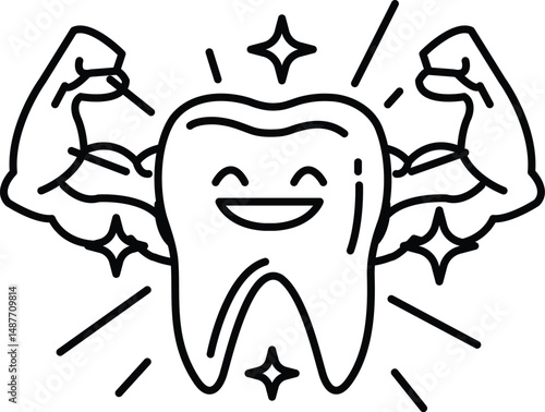A cartoon tooth with a smile on it is surrounded by a muscular man's arms