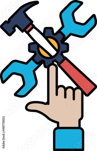 A hand is pointing to a tool with a hammer and wrench on it