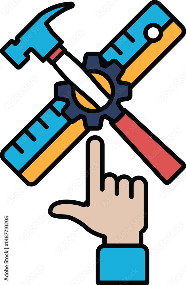 Obraz premium A hand pointing at a hammer and a ruler