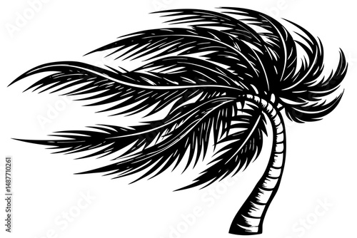 Palm tree silhouette in wind blowing against white background, palm tree, silhouette, side view, wind, blowing, nature, tropical, summer, beach, vacation, travel, island, vector, design, illustration,