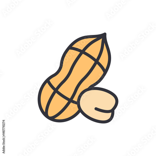 Isolated Graphic Depiction Of Peanut In Shell With One Shelled Peanut
