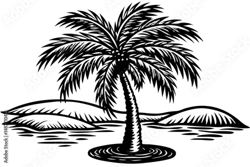 Silhouette of palm tree in desert oasis side view artistic design, palm tree, oasis, desert, side view, silhouette, black, white, vector, illustration, design, graphic, art, scenic, nature, landscape,