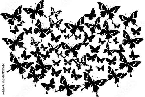 Silhouette vector of a swarm of butterflies in a top view design, butterfly, butterflies, swarm, insect, insects, nature, wildlife, animal, animals, flying, top view, aerial view, design, vector, silh