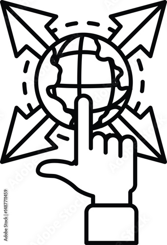A hand pointing at a globe with arrows surrounding it