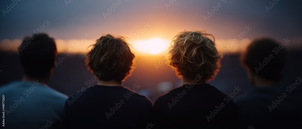 Fototapeta premium Four young men with tousled hair watching sunset together against a glowing horizon creating a serene atmosphere of friendship and connection in a tranquil moment of reflection