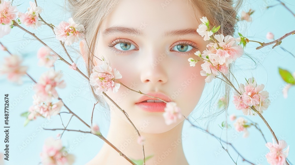 a young woman with delicate flowers delicately placed across her face, enhancing her natural beauty and embodying the harmony found in the relationship between nature and humanity. a young woman with delicate flowers delicately placed across her face, enhancing her natural beauty and embodying the harmony found in the relationship between nature and humanity.