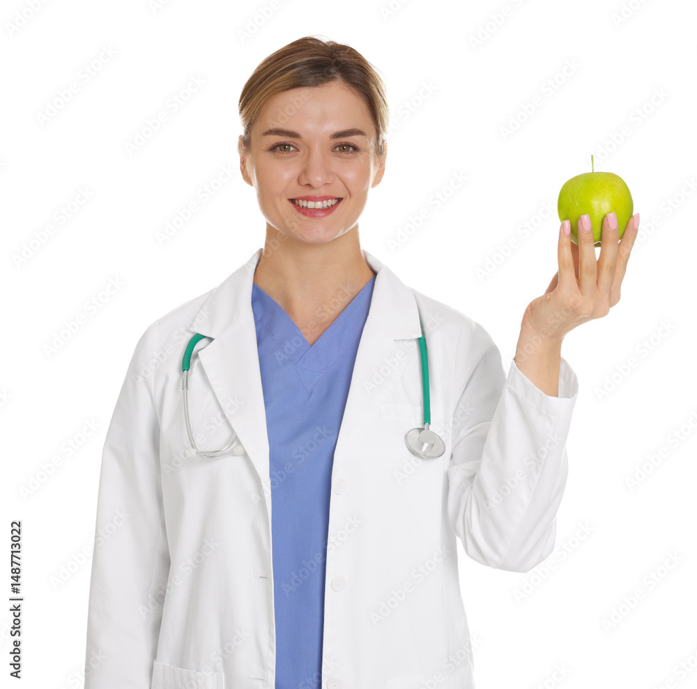 Nutritionist with green apple and stethoscope on white background Nutritionist with green apple and stethoscope on white background