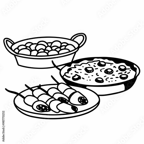 Simple Line Drawing of Spanish Tapas and Paella for Travel Guides and Mediterranean Cuisine Promotions.
