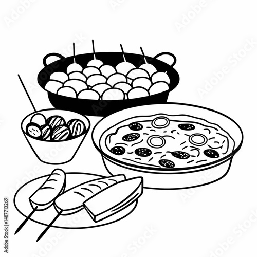 Simple Line Drawing of Spanish Tapas and Paella for Travel Guides and Mediterranean Cuisine Promotions.