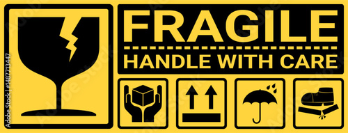 sticker fragile handle with care, black and yellow fragile warning label, fragile label with broken glass symbol, do not trample. vector asset