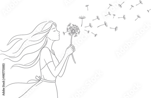 Girl Blowing Dandelions - Minimalist Vector