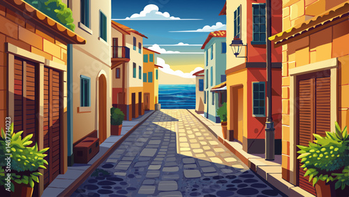 A narrow cobblestone alleyway stretches between two rows of buildings, leading to a distant view of the sea.