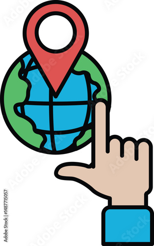 A hand pointing to a globe with a red pin on it