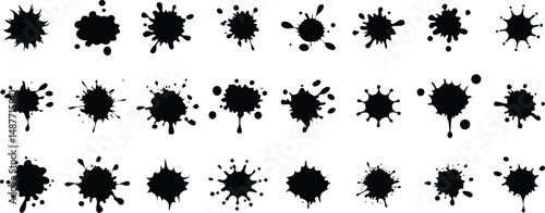 Set of black ink splashes and drops vector. Blotter spots, liquid paint drip drop splash  on a transparent png background