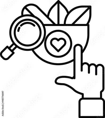A hand pointing to a bowl with a magnifying glass and a heart