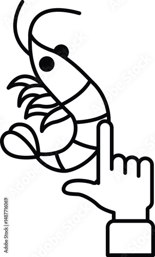 A shrimp is being held up by a hand with a thumb up