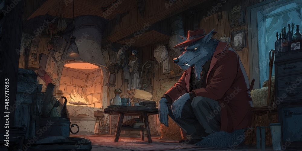 Fototapeta premium Interior scene of a rustic, dimly lit cabin.