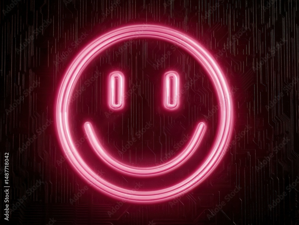 Neon smiley face glowing brightly against a dark textured background symbolizing digital emotion and connectivity while expressing optimism and joy in a modern, vibrant design Neon smiley face glowing brightly against a dark textured background symbolizing digital emotion and connectivity while expressing optimism and joy in a modern, vibrant design