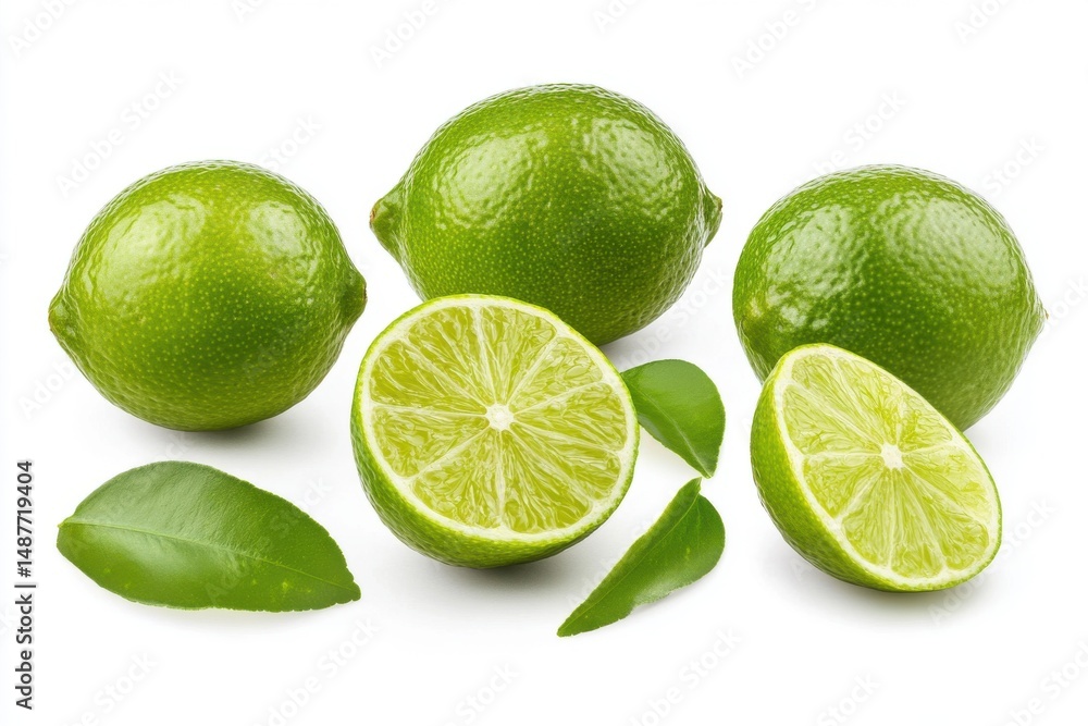 Set of delicious limes isolated on white background, fresh citrus fruit perfect for food, drink, and healthy themes Set of delicious limes isolated on white background, fresh citrus fruit perfect for food, drink, and healthy themes