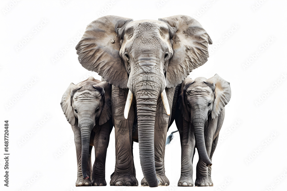 Fototapeta premium Adult elephant with two young ones, isolated on white background.