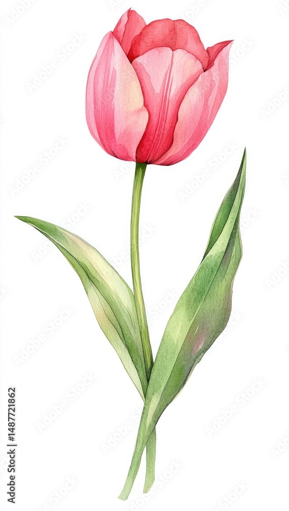 Obraz premium A delicate pink tulip stands gracefully against a clean white background. showcasing its vibrant petals and lush green leaves. ideal for floral-themed designs or nature illustrations