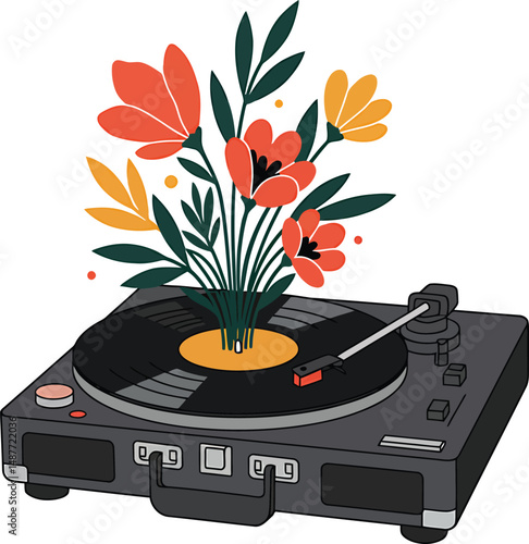 Record Player with Floral Vinyl - Minimalist Vector Design
