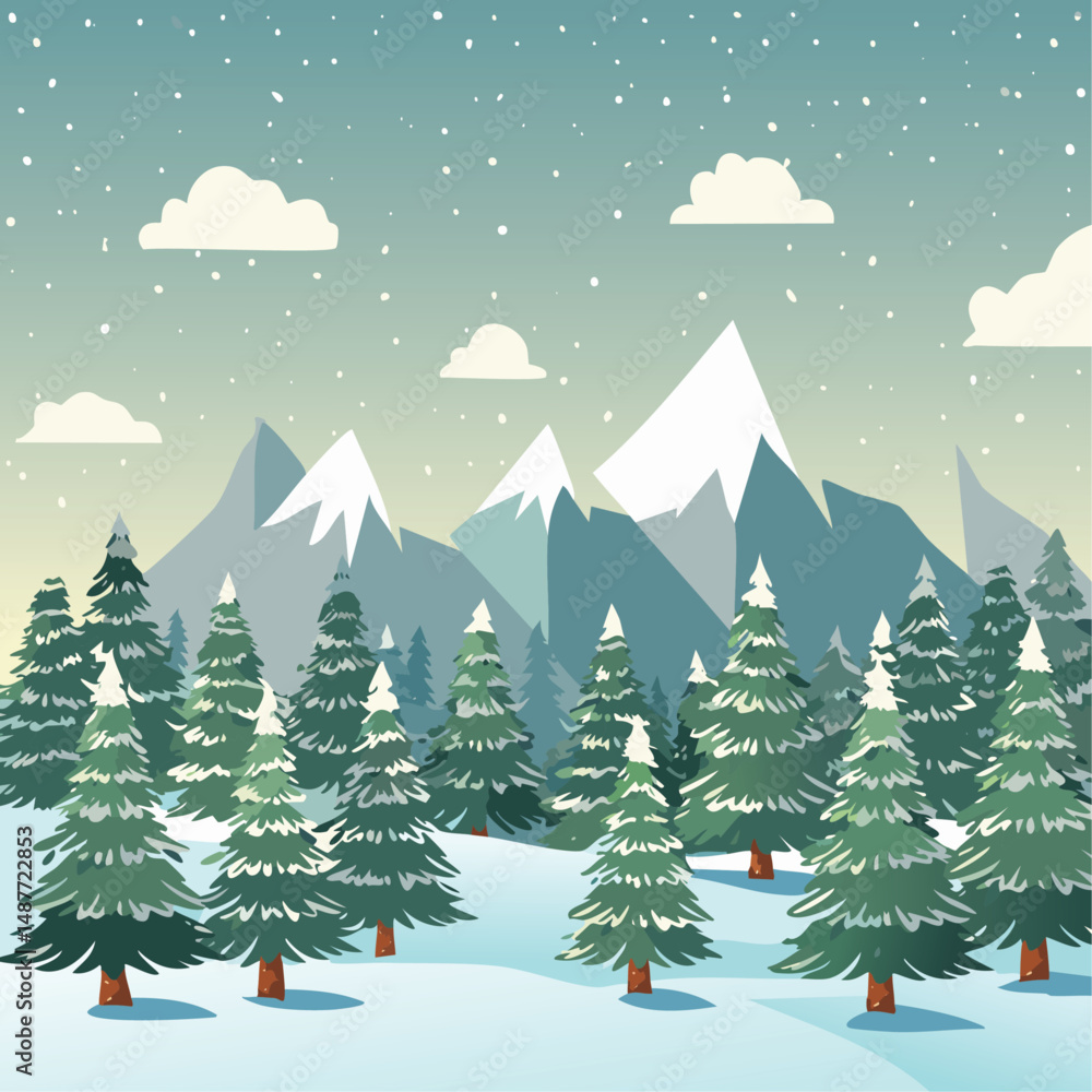 Obraz premium Snowy forest with fir trees vector illustration in scandinavian laconic style. Christmas natural background for postcards and invitations. New Year's backdrop of cold northern nature. 