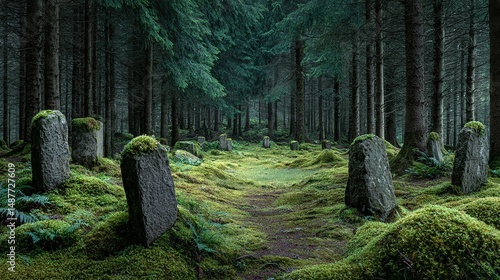 Stone circle in a dark forest with mossy ground and tall trees.