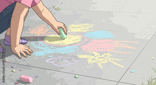 Child drawing colorful sun on sidewalk with chalk in the afternoon