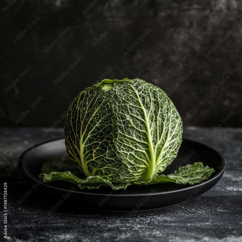 Fototapeta premium cabbage vegetable on black plate, dramatic dark setting, organic food art, minimal and premium styling