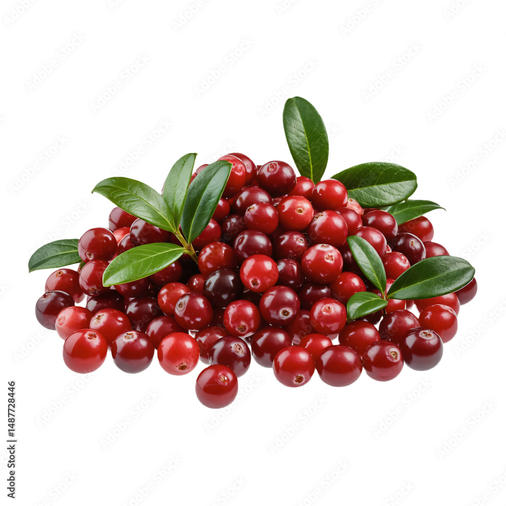 Pile of cranberries with leaves, isolated on transparent background. Pile of cranberries with leaves, isolated on transparent background.