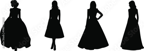 Elegant silhouette illustrations of women wearing various styles of dresses and gowns