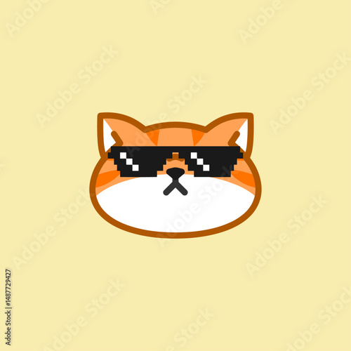 Cute cat with glass and swag icon logo flat vector design