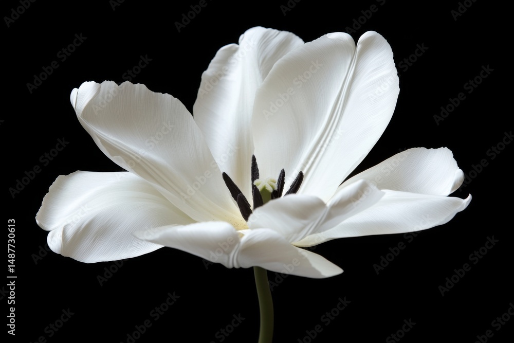 Fototapeta premium Close-up shot of a tulip in bloom, fine petal details with dramatic lighting, centered on a black backdrop for luxury botanical presentation
